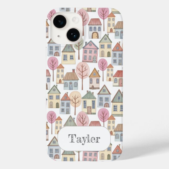 Coques Case-Mate iPhone Whimsical Little Houses Illustration Custom Name (Verso)
