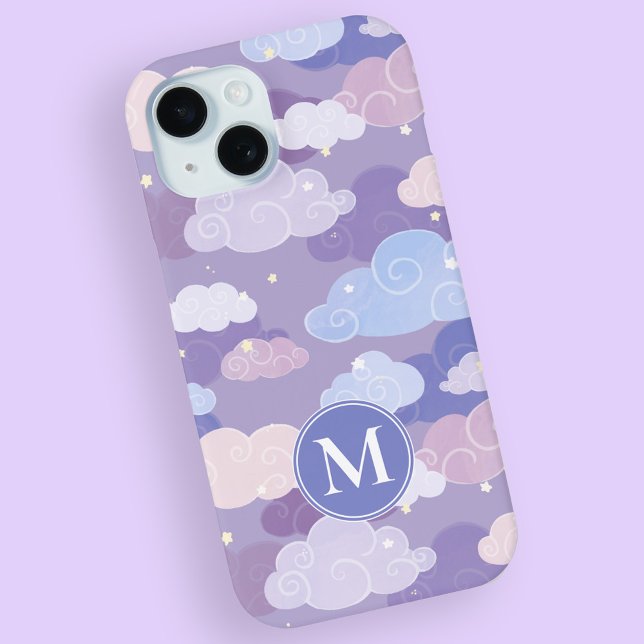 Coques Case-Mate iPhone Whimsical Pastel Clouds et étoiles Motif (Whimsical Purple Sky & Clouds Pattern iPhone Case with Personalized Monogram)