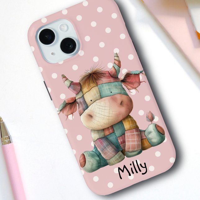 Coques Case-Mate iPhone Whimsstel Pastel Patchwork Cow Ajouter Nom personn (Créateur téléchargé)