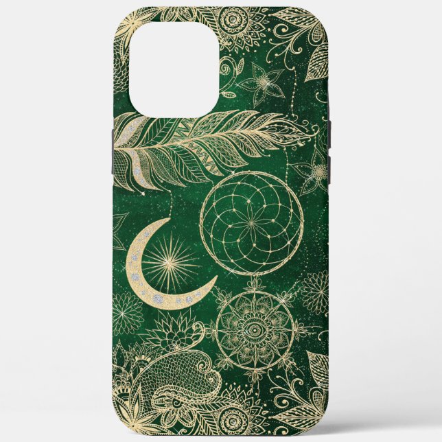 Coques Case-Mate iPhone Whimsy Gold & Green Dreamcatcher Feathers Mandala (Verso)