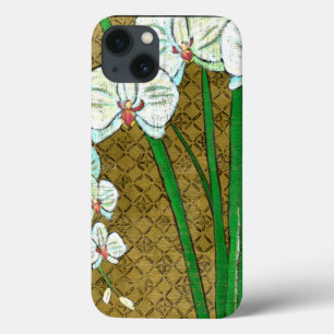 iPhone 13 Coque White Flowers and Green Stems on Brown Border