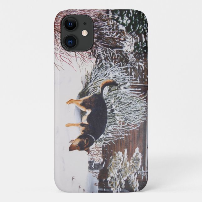 Coques Case-Mate iPhone Winter snow scene with cute black and tan dog (Dos)