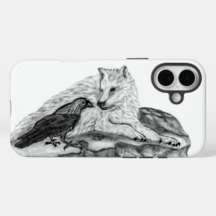 Coque Pour iPhone 16 Plus Wolf and Raven black and white design