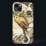 Etui iPhone 13 Yellow and Green Bird on Vintage Background<br><div class="desc">This mix of painting and sketching portrays a close-up of a yellow and green bird on a simple black and beige background. The white lines in the background add a vintage tone. This image would fit perfect on any customizable Zazzle produit.</div>
