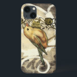 Etui iPhone 13 Yellow and Green Bird on Vintage Background<br><div class="desc">This mix of painting and sketching portrays a close-up of a yellow and green bird on a simple black and beige background. The white lines in the background add a vintage tone. This image would fit perfect on any customizable Zazzle produit.</div>
