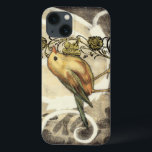 Coques Pour iPhone Yellow and Green Bird on Vintage Background<br><div class="desc">This mix of painting and sketching portrays a close-up of a yellow and green bird on a simple black and beige background. The white lines in the background add a vintage tone. This image would fit perfect on any customizable Zazzle produit.</div>