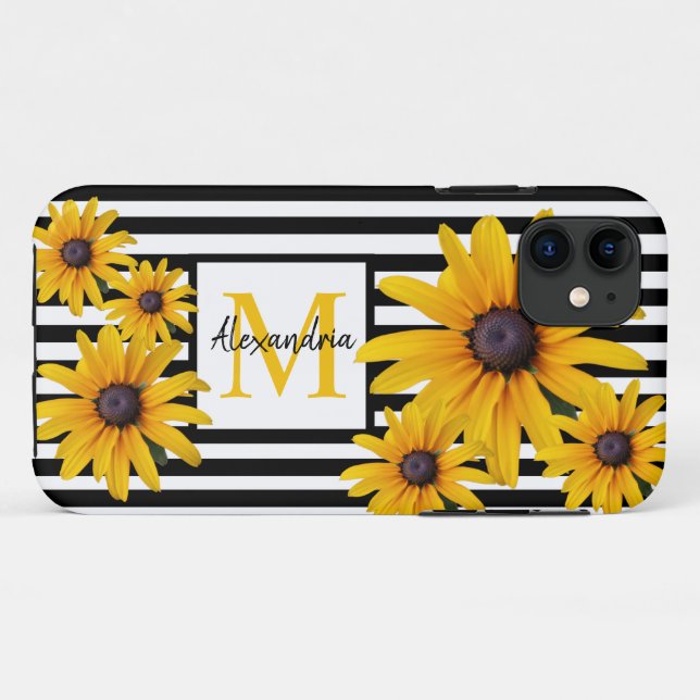 Coques Case-Mate iPhone Yellow BlackEyed Susan Photo Monogramme Black Stri (Dos (Horizontal))