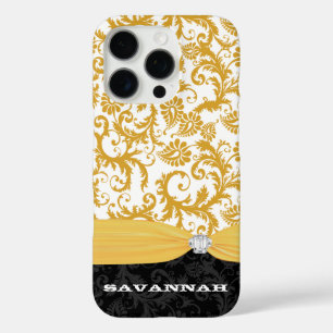 Coque iPhone 16 Pro Yellow Personnalisé Faux Rhinestone Damask iPhone
