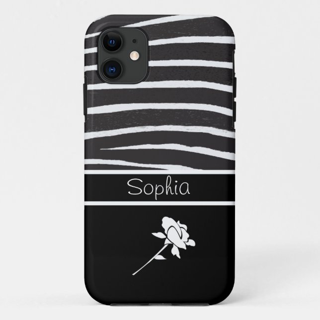 Coques Case-Mate iPhone Zebra Patch+Rose blanche sur noir/Personnaliser (Dos)