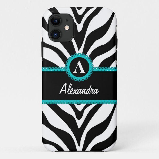 Coques Case-Mate iPhone Zebra Print Aqua Lace Nom du monogramme (Dos)