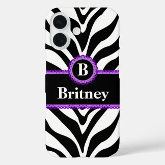 Coques iPhone 16 Zebra Print Purple dentelle Nom du monogramme