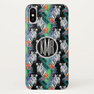Coques Pour iPhone Zèbre et monogramme exotique du motif de fleurs