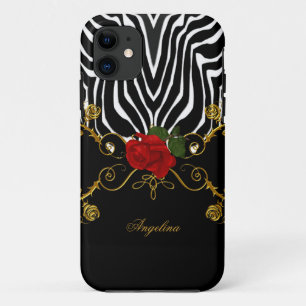 Coque Case-Mate iPhone Zèbre Roses Abstraites Rouge Noir Blanc Or