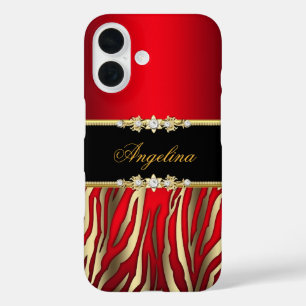 Coque Pour iPhone 16 Zèbre Rouge Élégant Noir Or