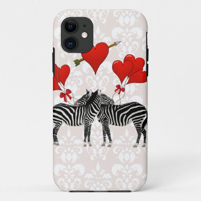Coques Case-Mate iPhone Zèbres et coeurs sur damas rose (Dos)