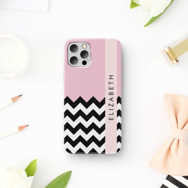 Coques Case-Mate iPhone Zigzag noir et blanc, Chevron, rose, Votre nom (Créateur téléchargé)