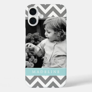 Coque Pour iPhone 16 Plus Zigzags gris et menthe Photo personnalisée