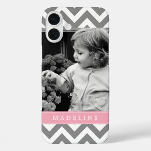 Coque Pour iPhone 16 Plus Zigzags gris et rose Photo personnalisée