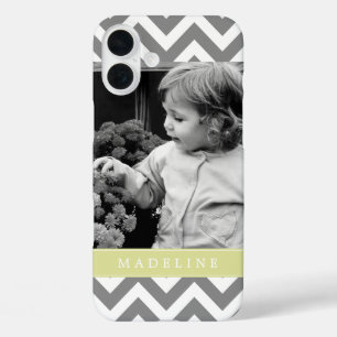 Coque Pour iPhone 16 Plus Zigzags gris et vert Photo personnalisée