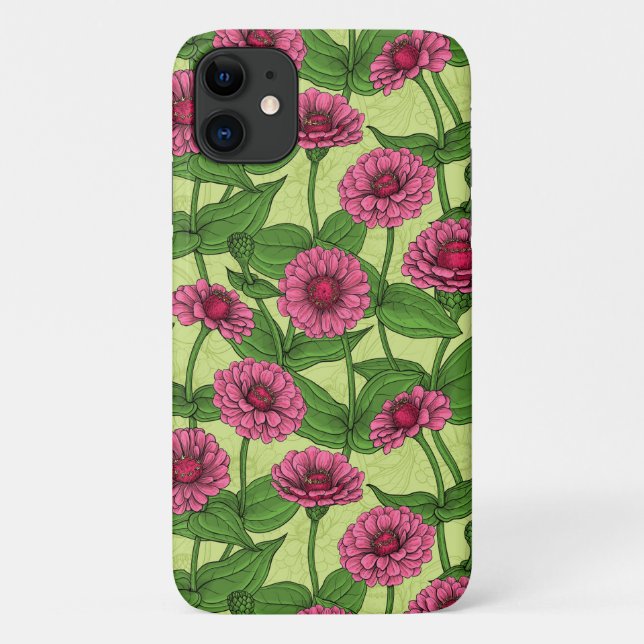 Coques Case-Mate iPhone Zinnias rose sur vert clair (Dos)