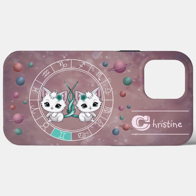 Coques Case-Mate iPhone Zodiac Gemini Cute Chat Roue Planète Astrologie (Verso (horizontal))