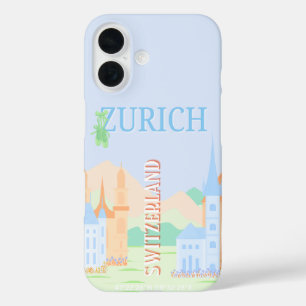Coque Pour iPhone 16 Zurich Travel Art, Suisse, Blue Retro Travel