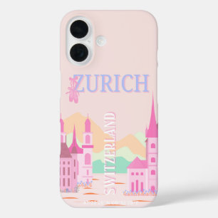Coque Pour iPhone 16 Zurich Travel Art, Suisse, Pink Retro Travel