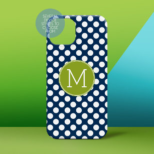 Coques Pour iPhone Monogramme personnalisé Pois bleu marine et vert c