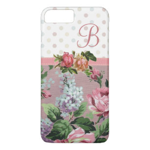 Coques Pour iPhone Monogramme rose floral vintage de point de polka