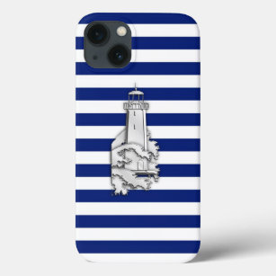 Coques Pour iPhone Phare Silver Style sur Blue Nautical Stripes