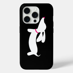 Coque iPhone 15 Pro Teckel blanc + Nez rose sur le noir