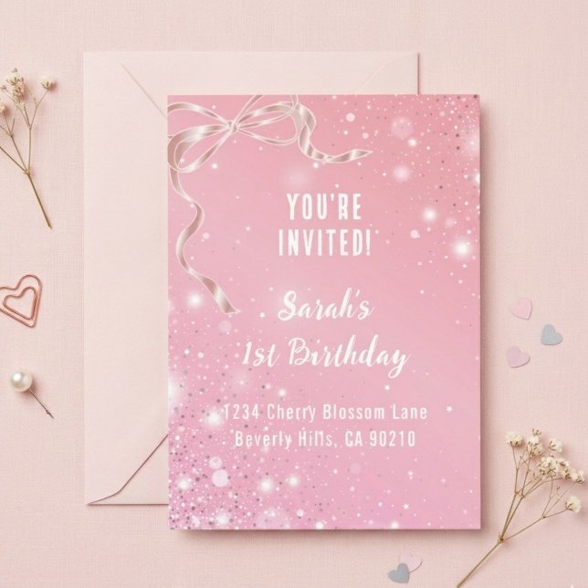 Coquette 1st Birthday Invitations Pink Bow  (Créateur téléchargé)