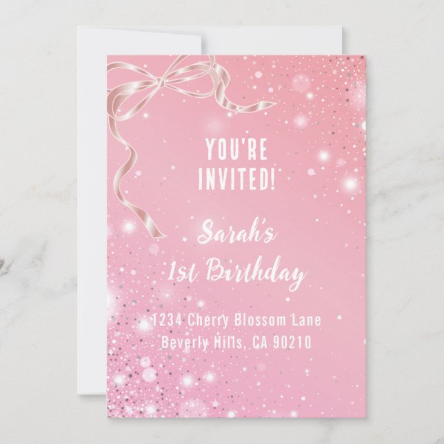 Coquette 1st Birthday Invitations Pink Bow  (Devant)