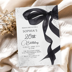 Coquette Black Bow 20th Birthday Party Invitation