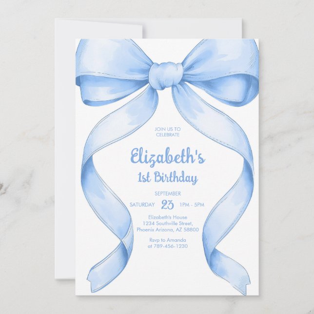 Coquette Blue Bow Birthday Invitation (Devant)