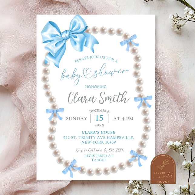 Coquette Blue Bow Boy Baby shower Invitation (Créateur téléchargé)