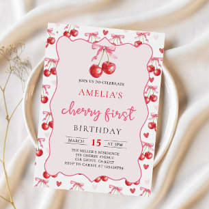 Coquette Bow Cherry 1er Anniversaire Invitation