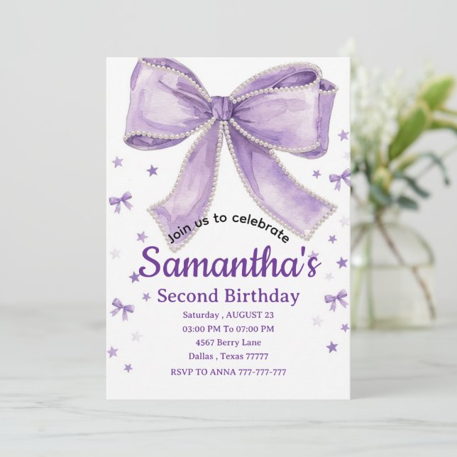 Coquette Bow Purple Birthday Party Invitation (Debout devant)