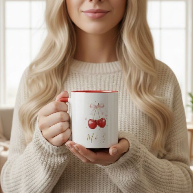 Coquette Cherry Pink Bow Mug Personalized Initials (Créateur téléchargé)