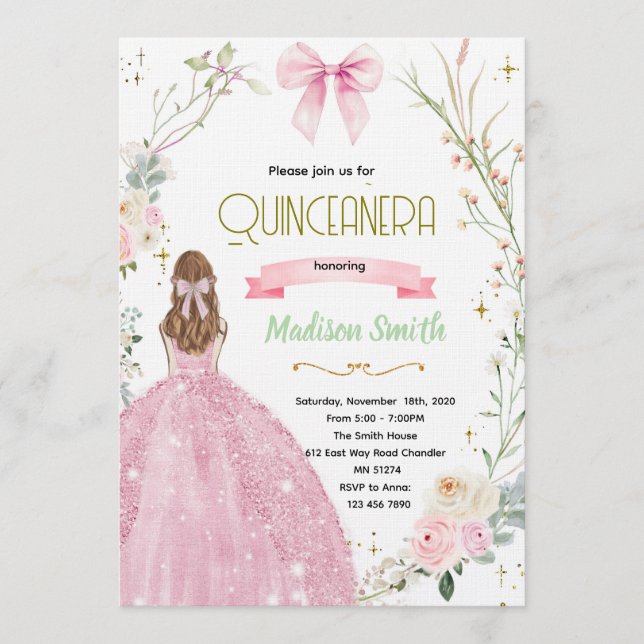 Coquette Floral bow Quinceanera Invitation (Devant)