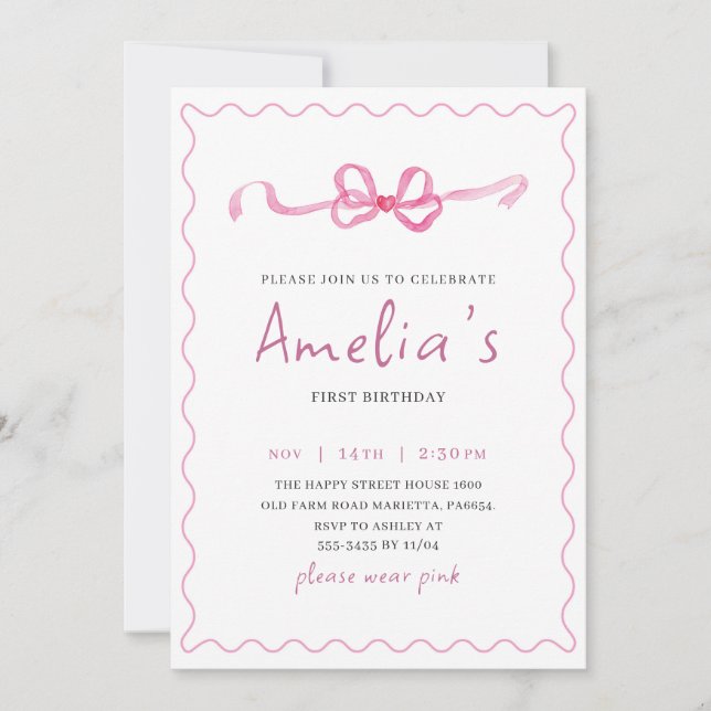Coquette Invitation for Birthday Girl Bow Party  (Devant)