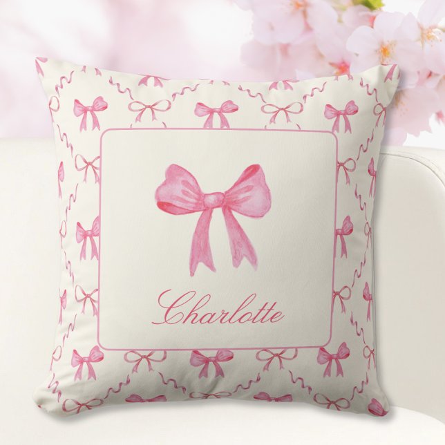 Coquette Oreiller à lancer de cou rose (sweet pretty girly pink coquette bow pillow with custom name in script calligraphy, gift for girl)