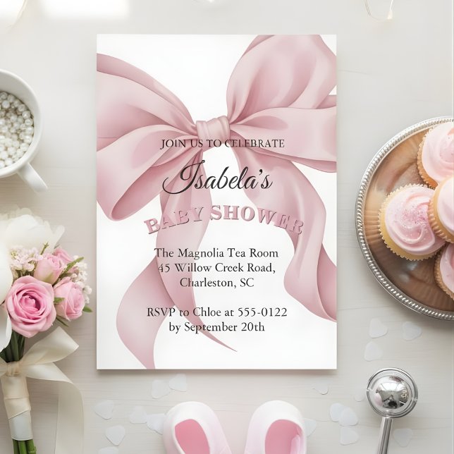 Coquette Pink Bow Girl Baby Shower Invitation  (Créateur téléchargé)