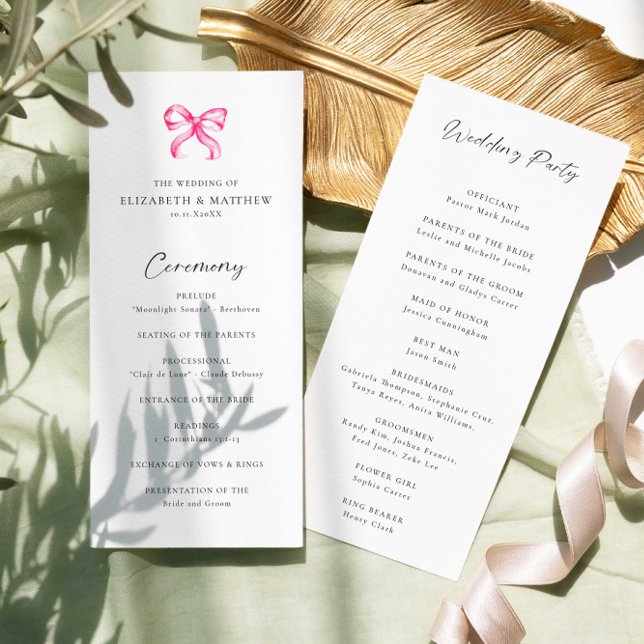 Coquette Pink Bow Simple Mariage Cérémonie Program (Créateur téléchargé)