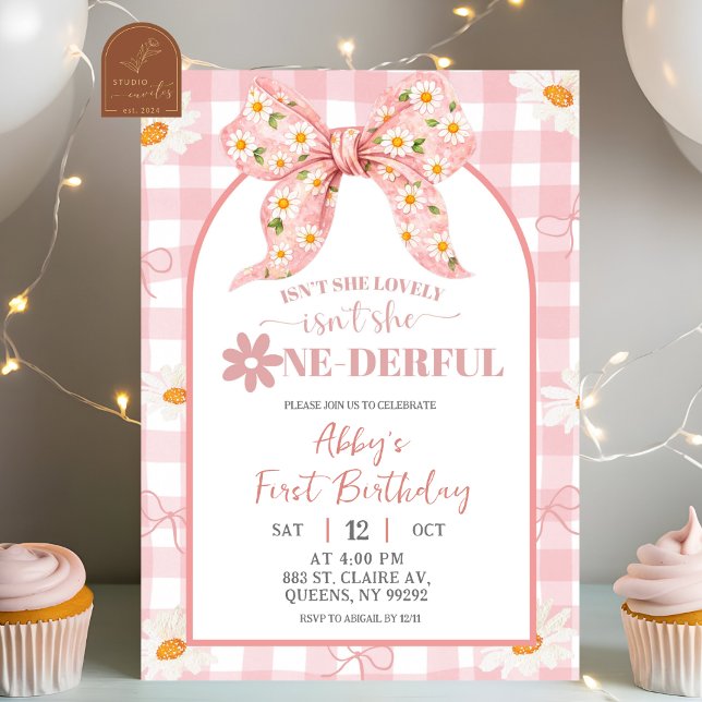 Coquette Pink Daisy Bow Birthday InvitatIon (Créateur téléchargé)