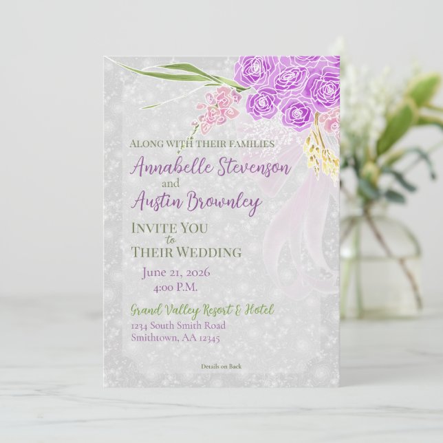 Coquette pink Sheer bow Bouquet Wedding Invitation (Debout devant)