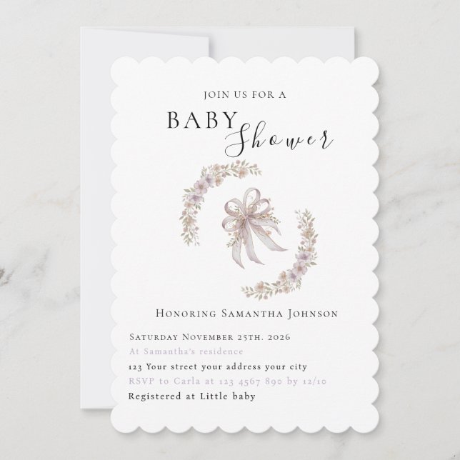 Coquette purple bow baby shower Invitation  (Devant)