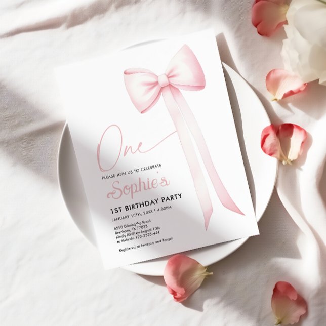Coquette rose Bow 1er anniversaire Invitation (Créateur téléchargé)