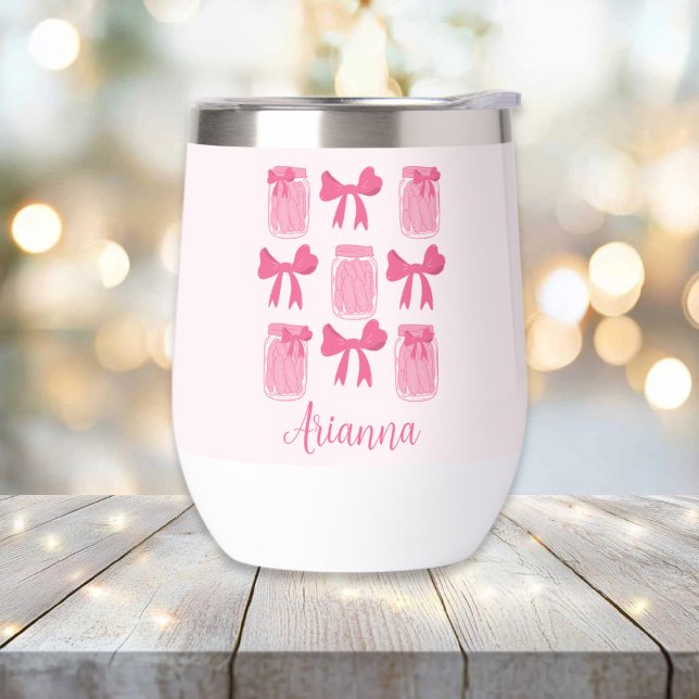 Coquette rose chaud Pickle Jar et Bow Personnalisé (Hot Pink Coquette Pickle Jar and Bow Personalized Stemless Thermal Wine Tumbler)