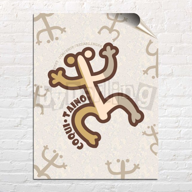 Coqui Taino Porto Rico Wall Art Download Poster (Coqui Taino Digital Art Poster over white brick wall)